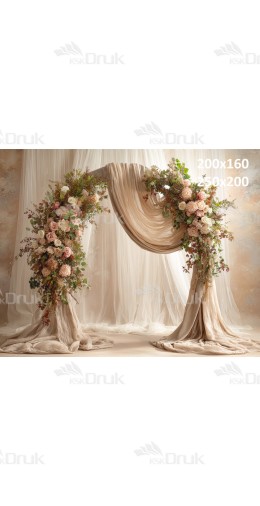 Tło fotograficzne „Romantyczny kwiatowy łuk z drapowanymi tkaninami” | E_794